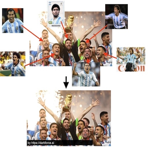 Create a scene where Maradona and Batistuta celebrate with Messi at the World Cup! Just upload a few photos.